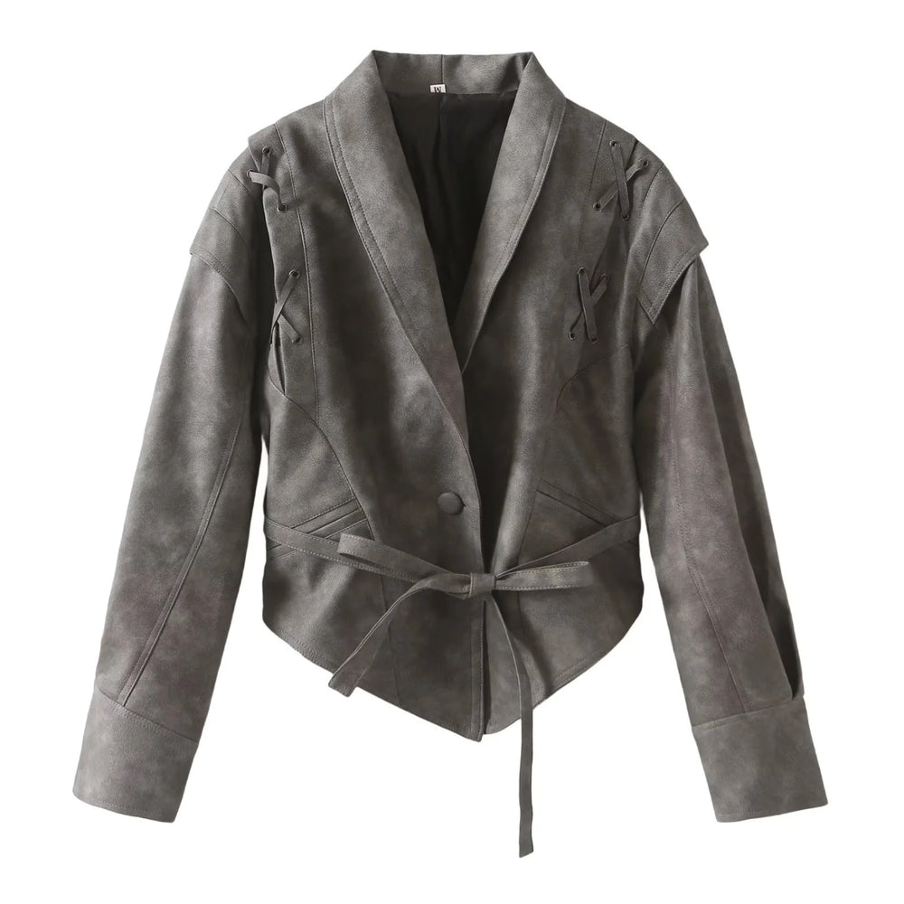 Damen Kunstlederblazer im modernem Design mit praktischem Gürtel EB