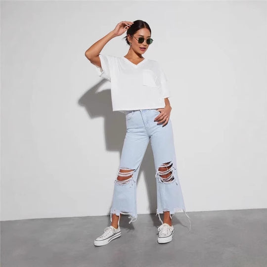 Damen lässige Boyfriend Jeans mit auffälligen Destroyed-Details und weitem Bein EB