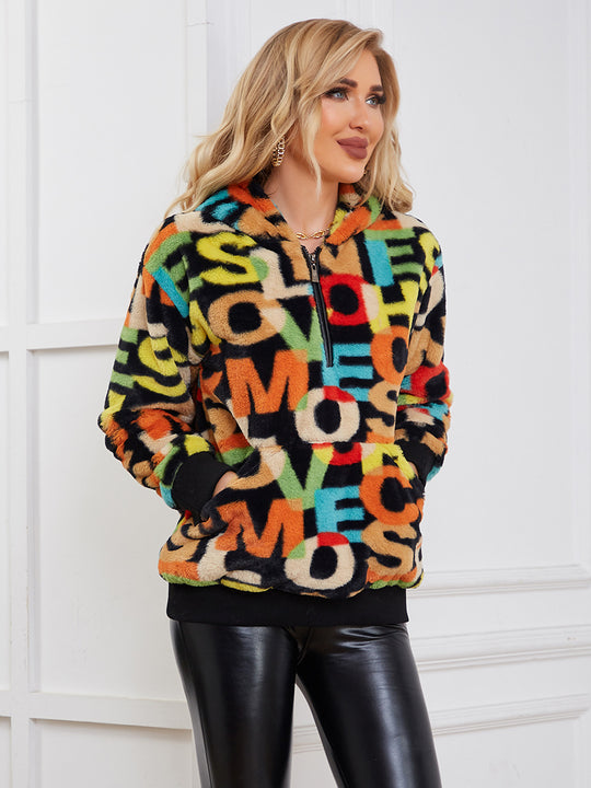 Damen Flauschige Oberjacke mit buntem Farbdesign und flauschigem Innenfutter EB