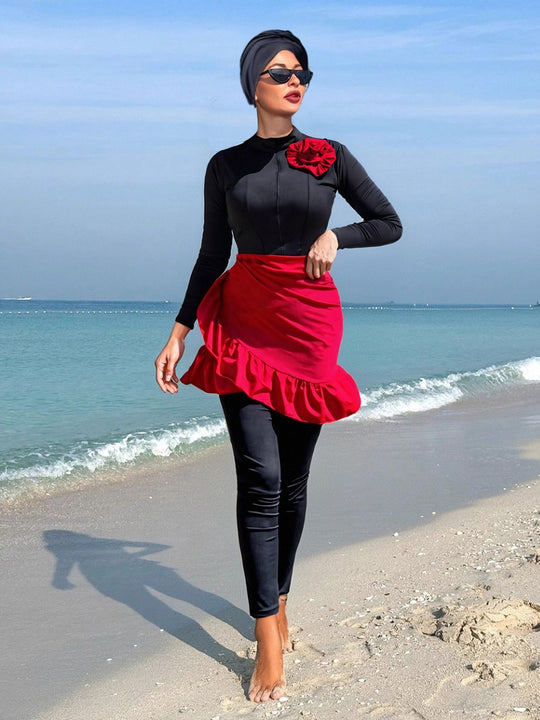 Damen Modischer Badeanzug mit Rock und Langarm EB