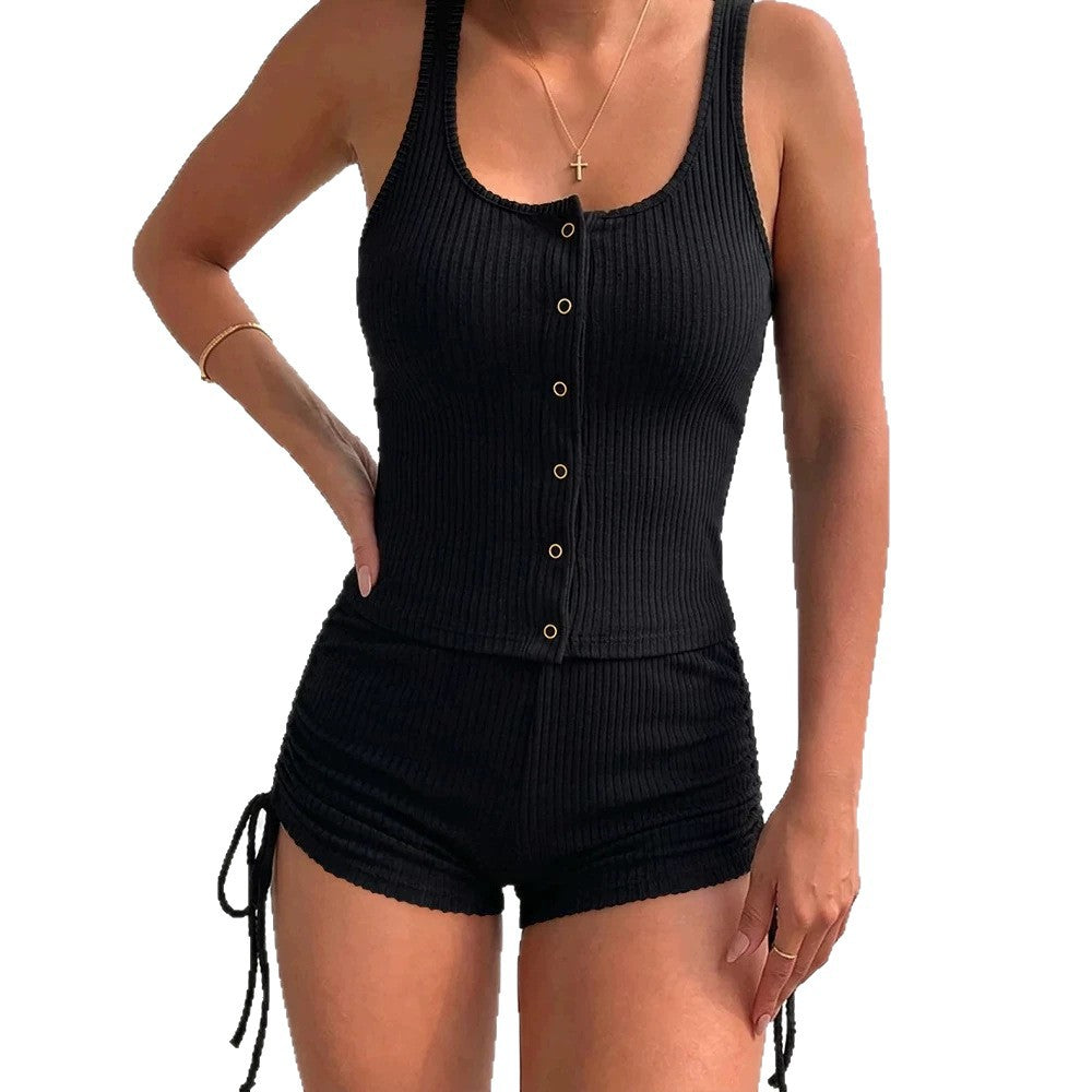 Damen Sportliches Bustier-Shorts-Set mit dekorativen Knöpfen und raffinierten Binde-Details EB