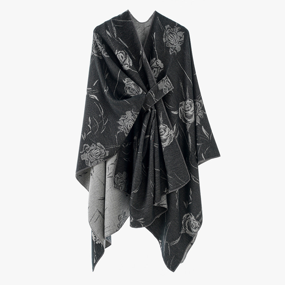 Damen Beidseitig tragbarer Jacquard-Überwurf mit Rosenmuster und Bindegürtel EB