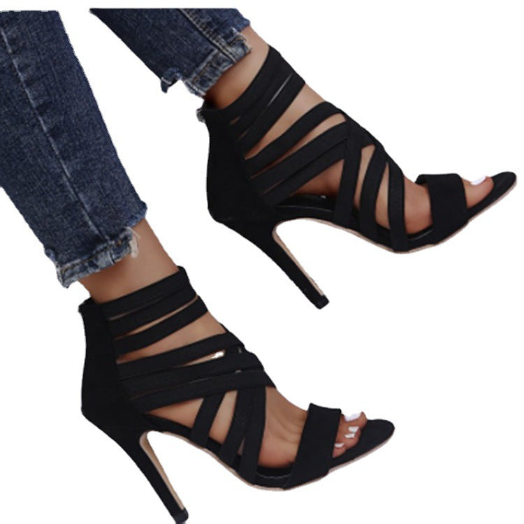 Damen Hochhackige Sandalen mit elastischen Riemen und modischem Schnitt EB