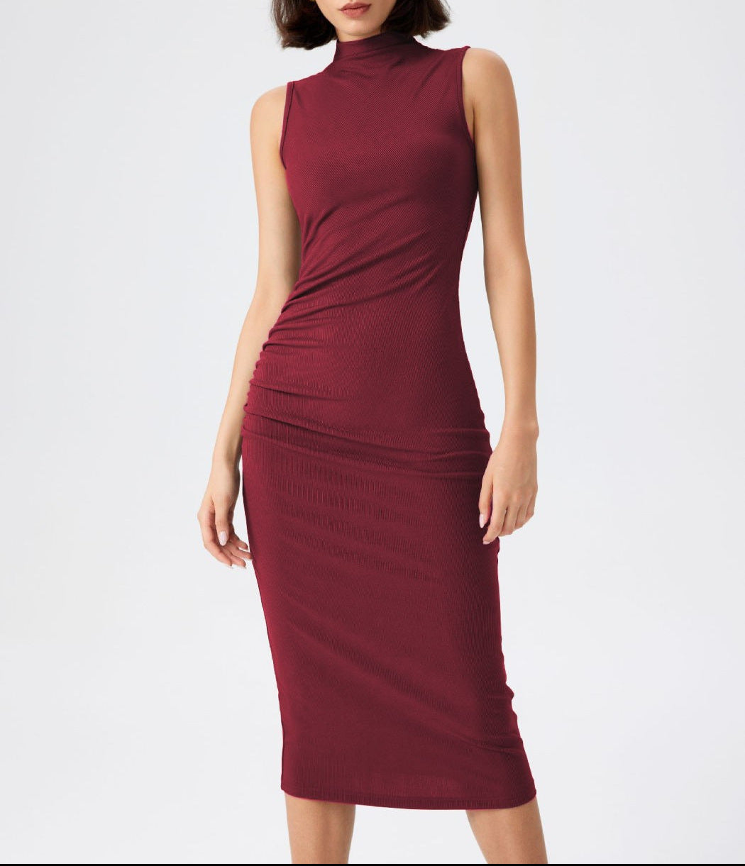 Damen elegantes Midi-Kleid mit figurbetontem Schnitt und hohem Kragen EB