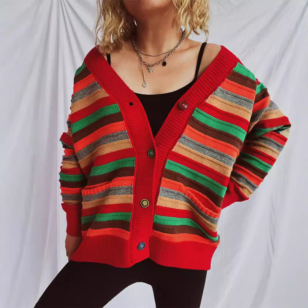 Damen Strickjacke mit buntem Streifenmuster und knöpfbarem Design EB