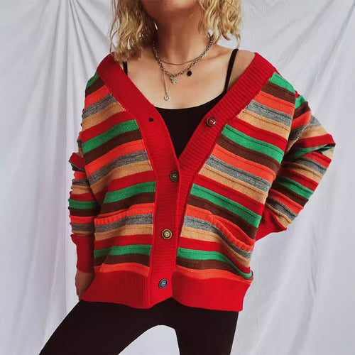Damen Strickjacke mit buntem Streifenmuster und knöpfbarem Design EB