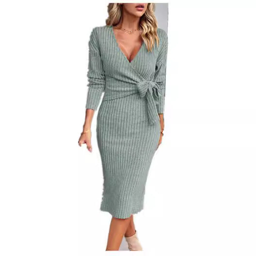 Damen Rippstrick-Wickelmidikleid mit Taillenschleife EB