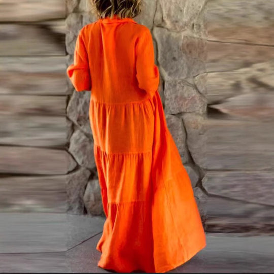 Damen nan langes Hemdblusenkleid mit geraffter Taillennaht, dreiviertelärmeln und stufigem Volantrock EB