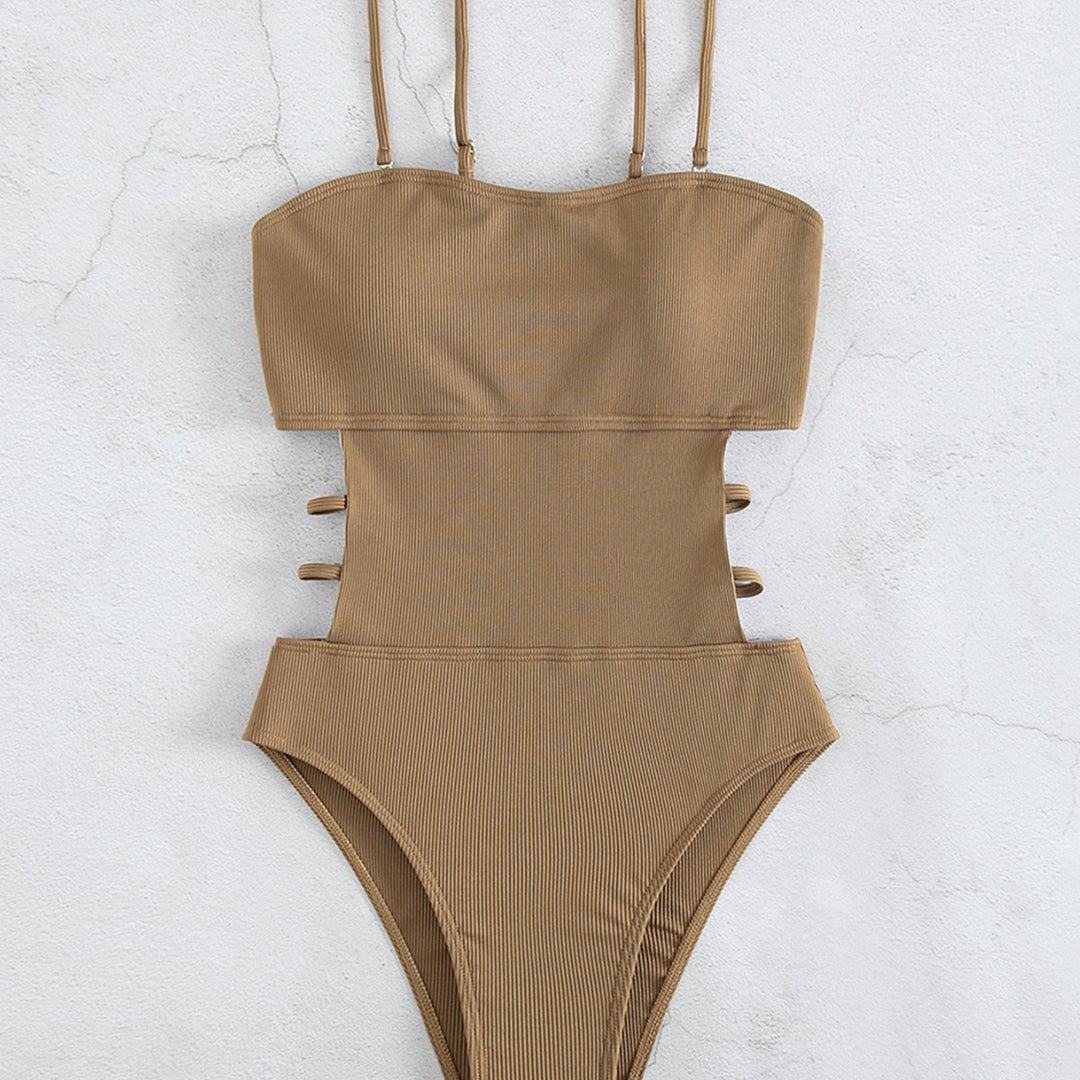 Damen Einteiler Badeanzug mit elegantem Schnitt und seitlichen Riemen EB