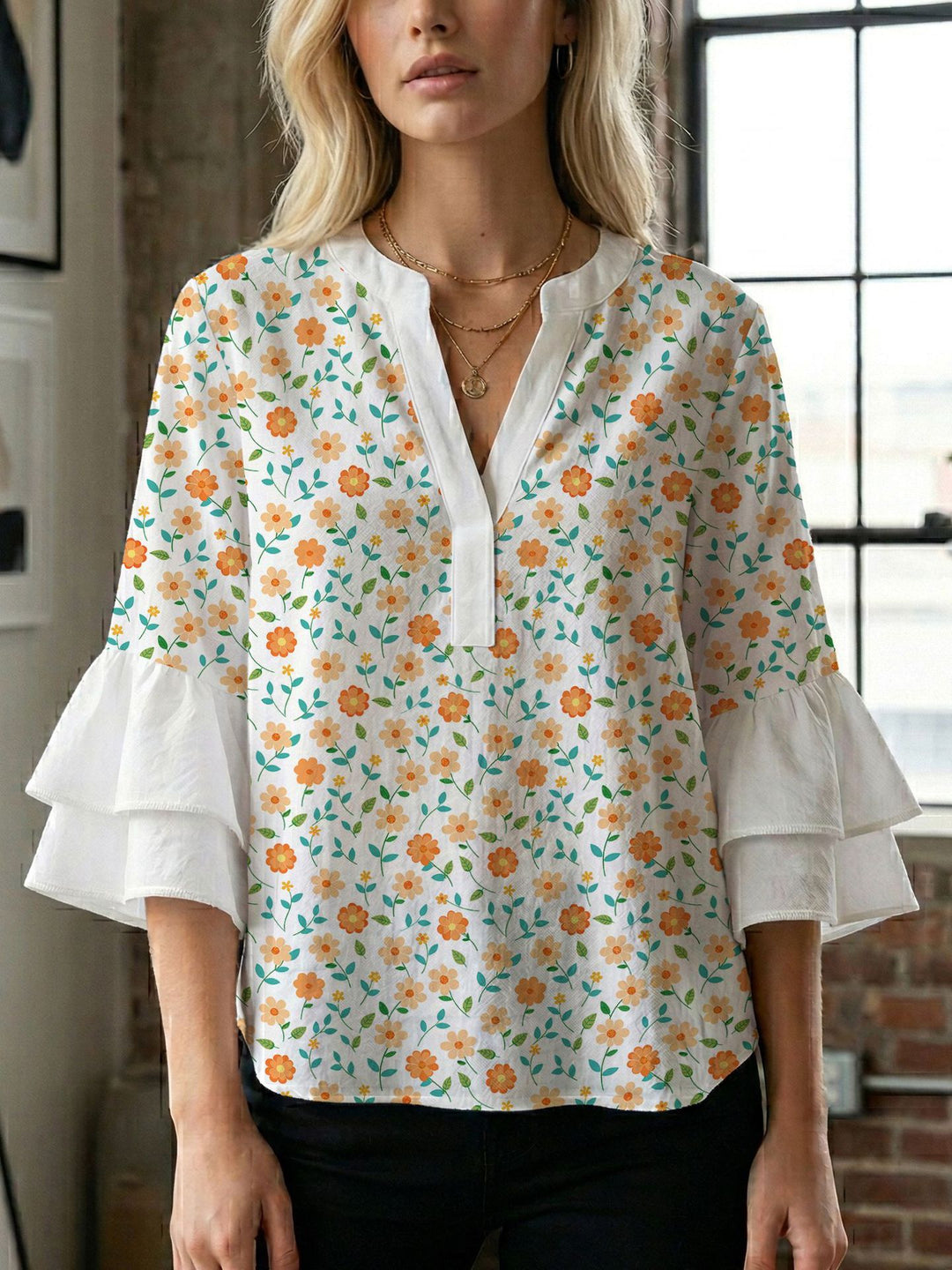 Damen Blusenshirt mit voluminösen Ärmeln und kreativem Druckdesign EB