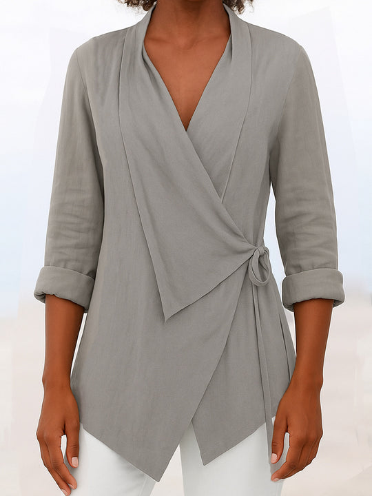 Damen Asymmetrische Wickelbluse mit Schalkragen und 3/4-Ärmeln EB