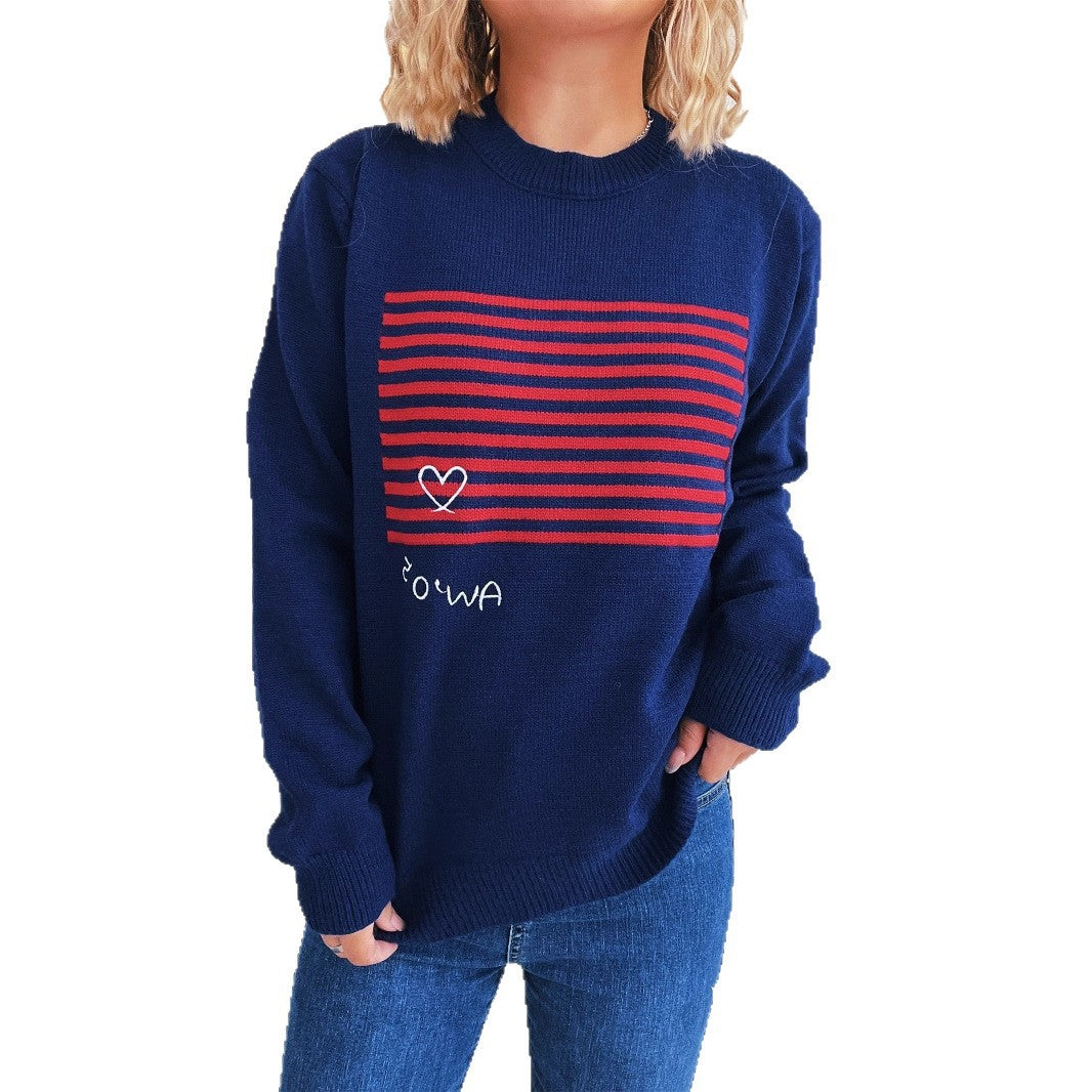 Damen lässiger Pullover mit gestreiftem Design und Herzapplikation EB