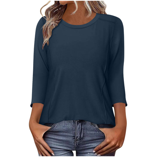 Damen nan lässiges Rundhals Shirt mit mittellangen Ärmeln und sichtbaren Nahtakzenten EB