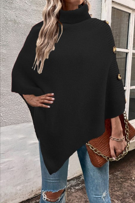 Damen Strick-Poncho mit hohem Kragen und Knopfdetails EB