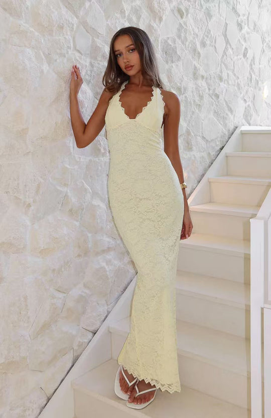 Damen Elegantes Spitzenkleid mit Halterneck-Design und figurfreundlichem Schnitt EB