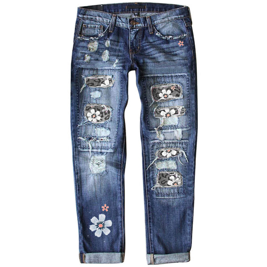 Damen nan verwaschene schmale Jeans mit Leopardenpatches und Glitzerbesatz EB