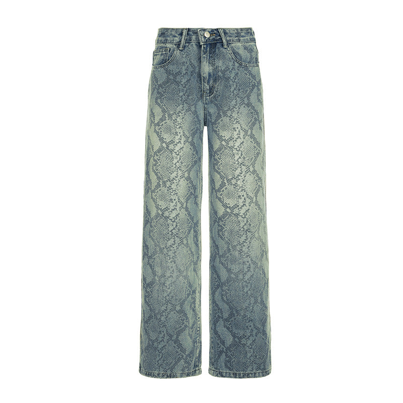 Damen nan hochgeschnittene Jeans mit Schlangenprint, weitem Bein und geradem Schnitt EB