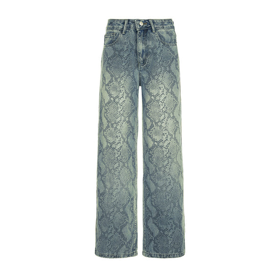 Damen nan hochgeschnittene Jeans mit Schlangenprint, weitem Bein und geradem Schnitt EB