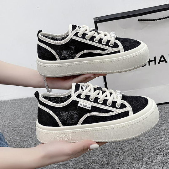 Damen modische Sneaker mit trendiger Perlenschnürung und robuster Gummisohle EB