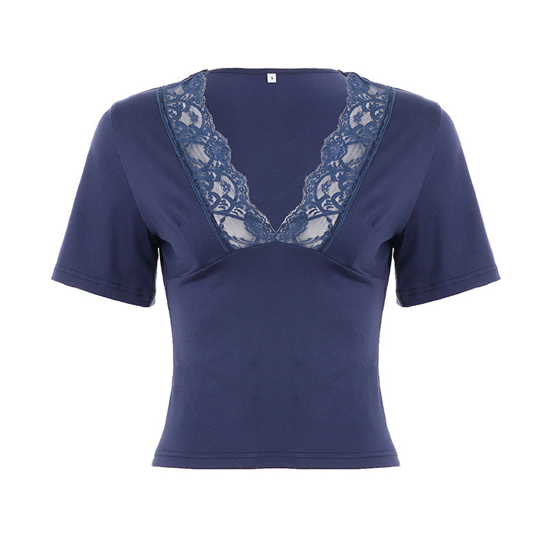Damen Elegantes V-Ausschnitt Shirt mit Spitze EB