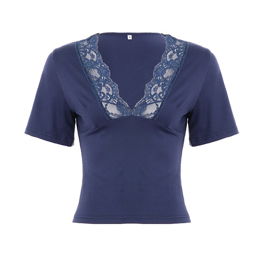 Damen Elegantes V-Ausschnitt Shirt mit Spitze EB
