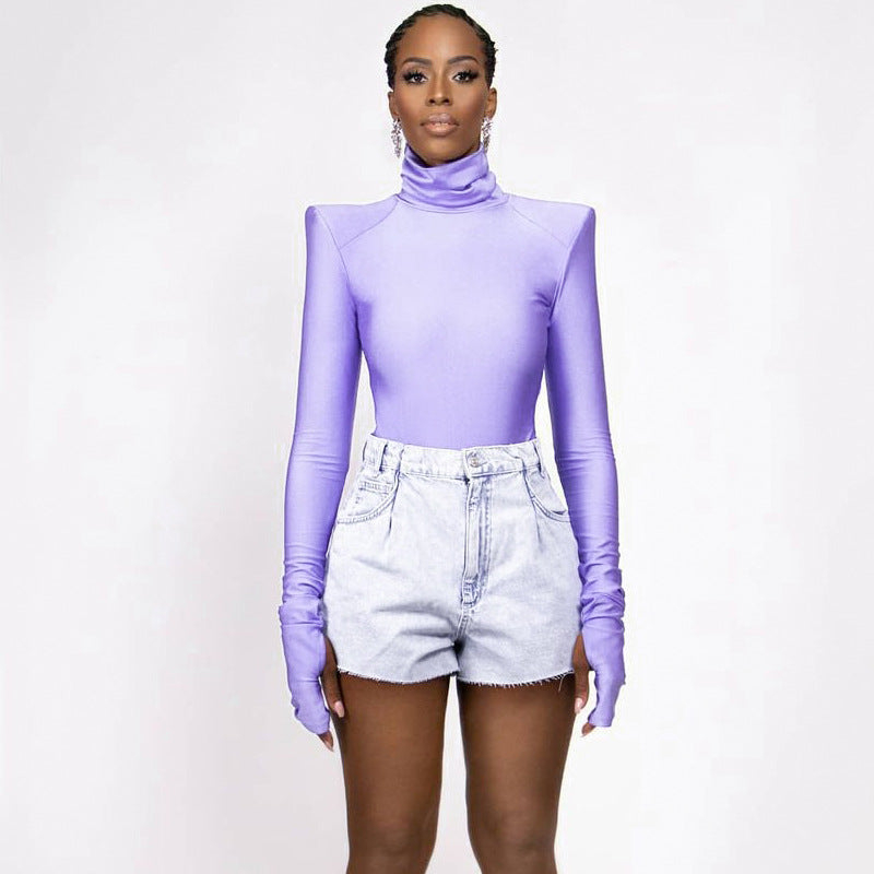 Damen Langarm-Bodysuit mit hohem Kragen und eleganten Raffungen EB