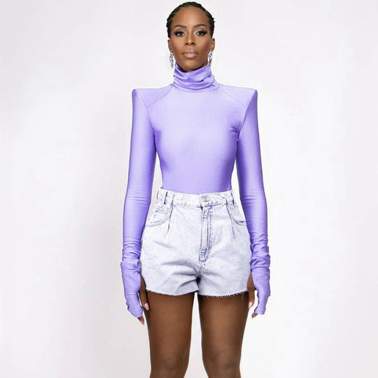 Damen Langarm-Bodysuit mit hohem Kragen und eleganten Raffungen EB