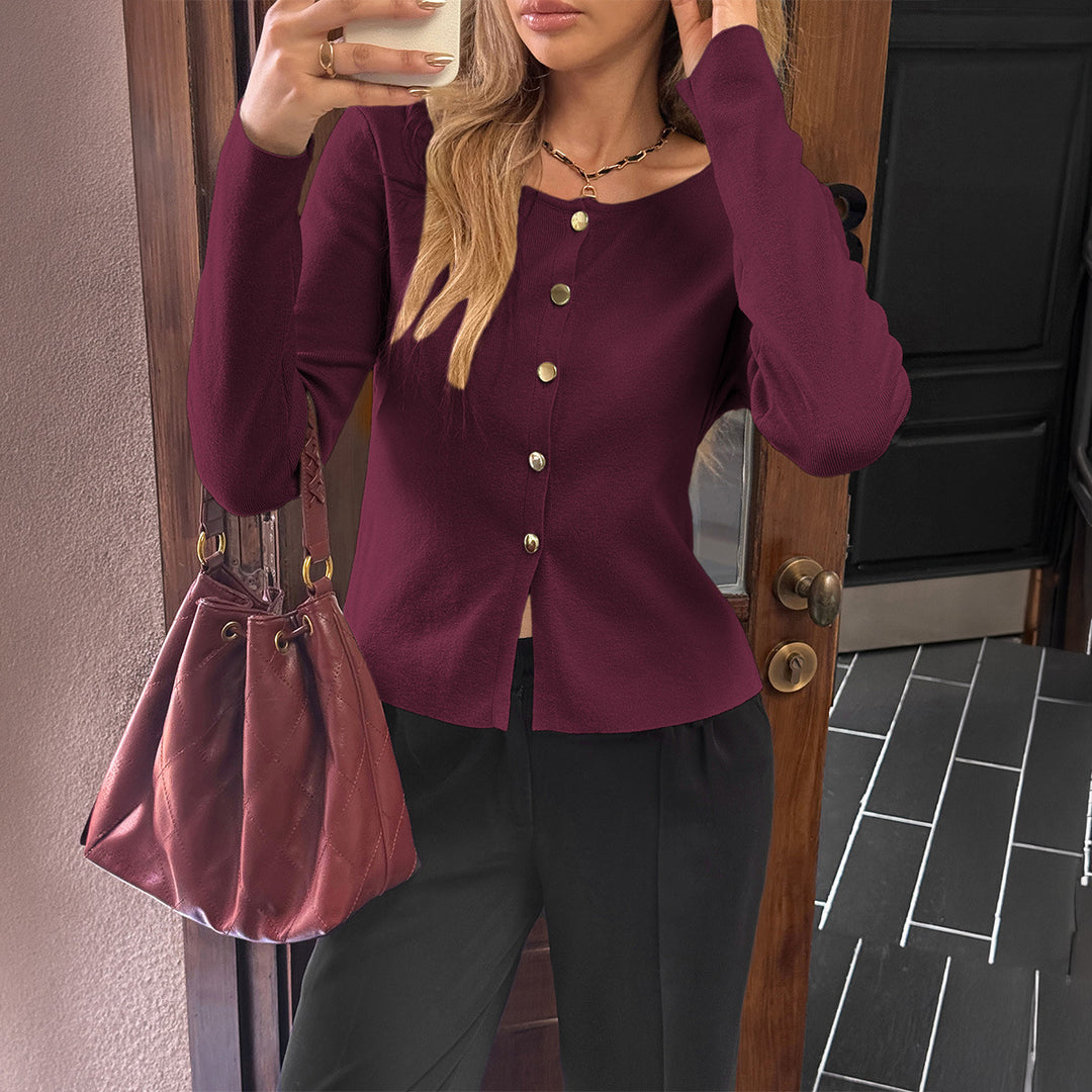 Damen nan taillierter Feinstrick-Cardigan mit asymmetrischer Goldknopf-Leiste und Frontschlitz EB