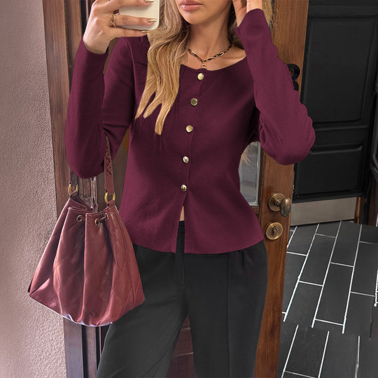 Damen nan taillierter Feinstrick-Cardigan mit asymmetrischer Goldknopf-Leiste und Frontschlitz EB