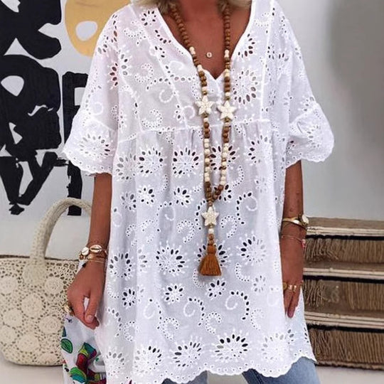 Damen Bluse mit floralen Stickereien und weiten Ärmeln EB