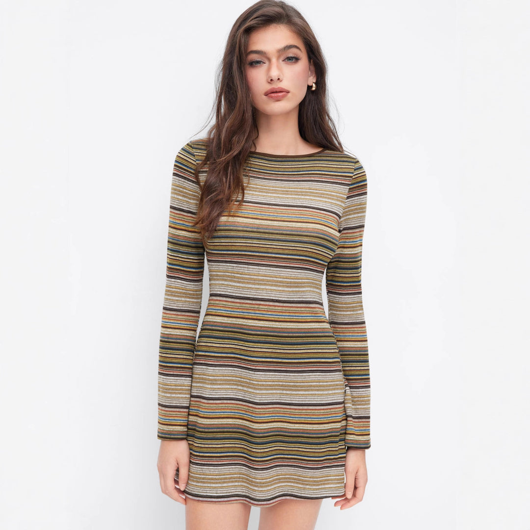 Damen Gestreiftes Feinstrick-Minikleid mit taillierter Silhouette und langen Ärmeln EB