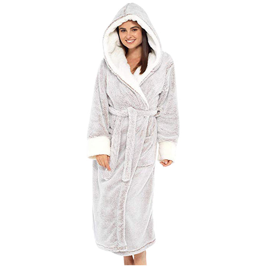 Damen Kuscheliger Fleece-Morgenmantel mit Kapuze und Gürtel EB