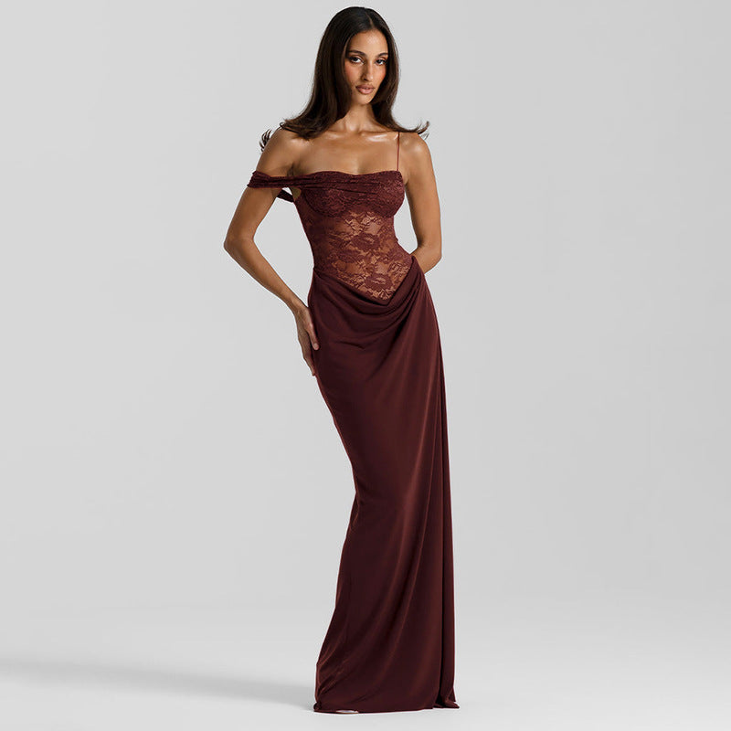 Damen Off-Shoulder Abendkleid mit raffinierten Spitzen-Applikationen und fließendem Material EB