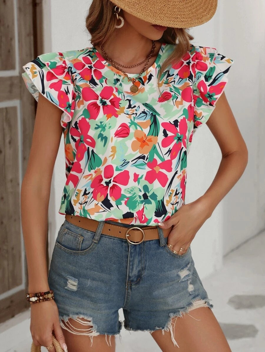 Damen modisches T-Shirt mit Rüschendetails und floralem Muster EB