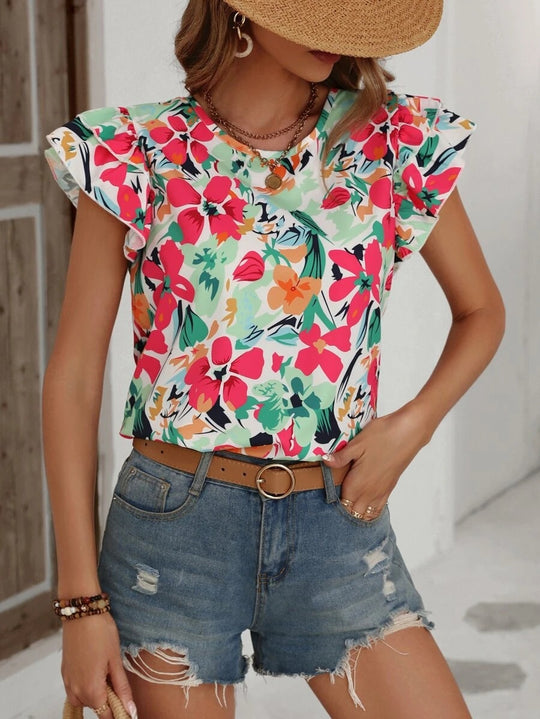 Damen modisches T-Shirt mit Rüschendetails und floralem Muster EB