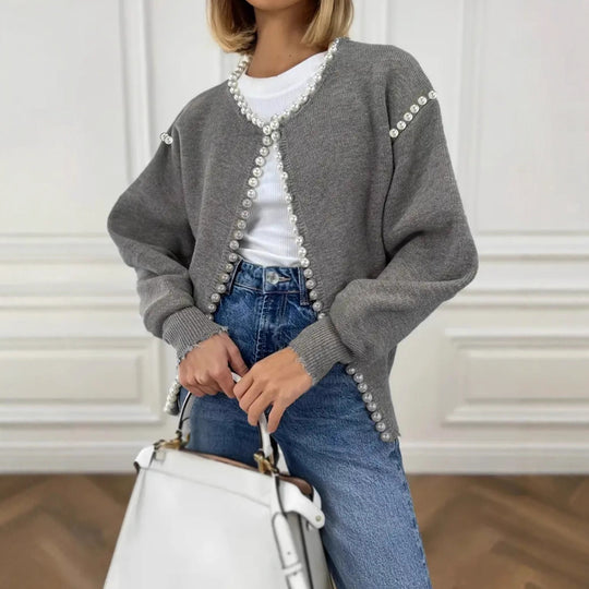 Damen Strickjacke mit auffälligem Perlenbesatz und offenem Design EB