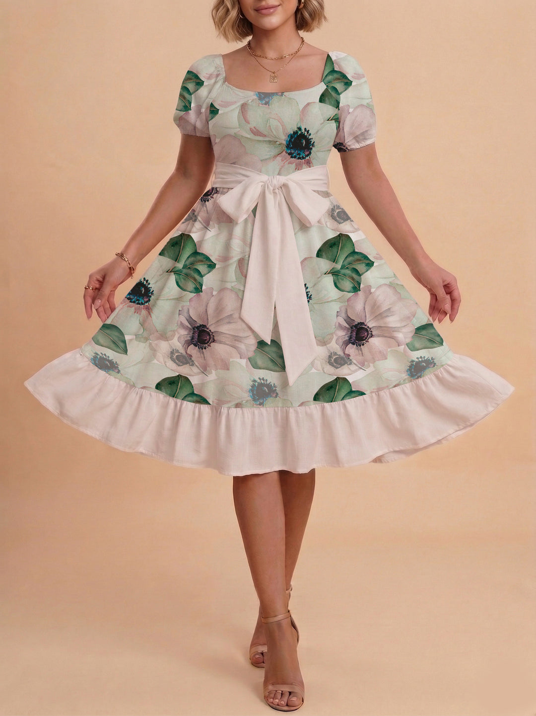 Damen Blumenkleid mit taillierbarem Gürtel und voluminösen Ärmeln EB