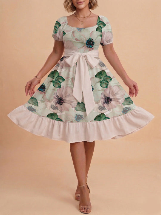 Damen Blumenkleid mit taillierbarem Gürtel und voluminösen Ärmeln EB