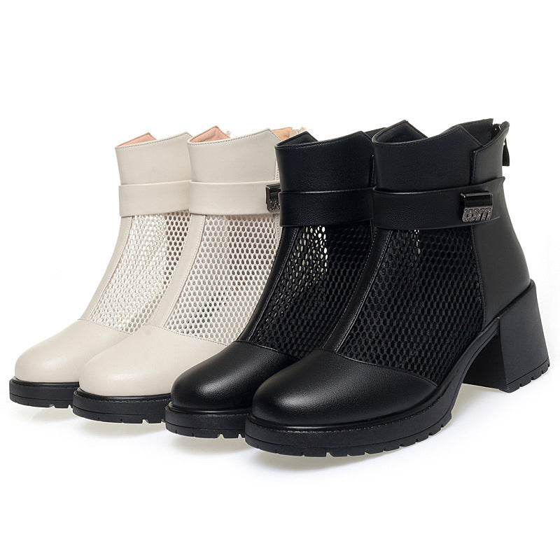 Damen Stylische Stiefeletten mit Netzdesign und robustem Blockabsatz EB