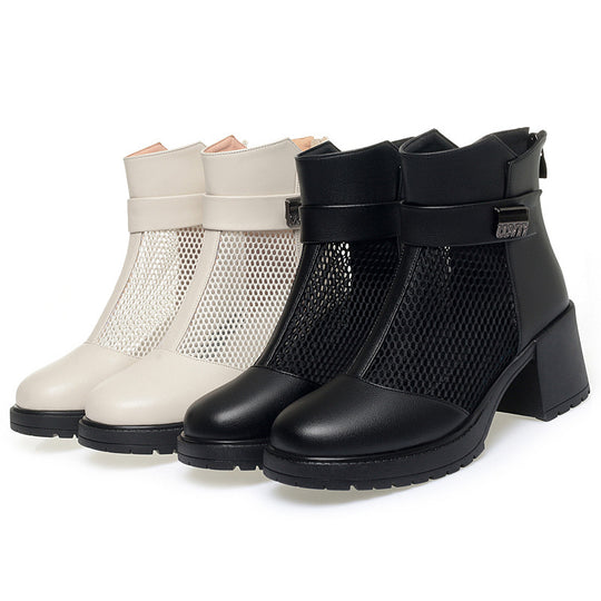 Damen Stylische Stiefeletten mit Netzdesign und robustem Blockabsatz EB