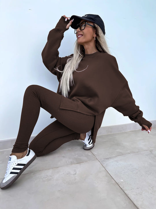 Damen komfortables Oversize-Lounge-Set mit langem Sweatshirt, gerippten High-Waist-Leggings und verlängerten Bündchen EB