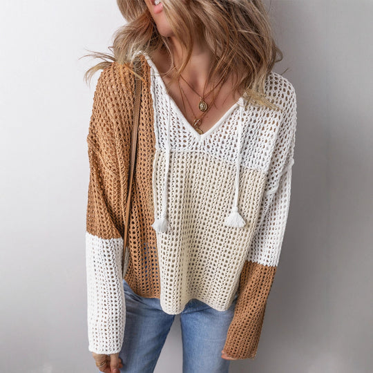 Damen luftiger Strickpullover mit modernem Netzstruktur-Design und dekorativen Kordeln EB