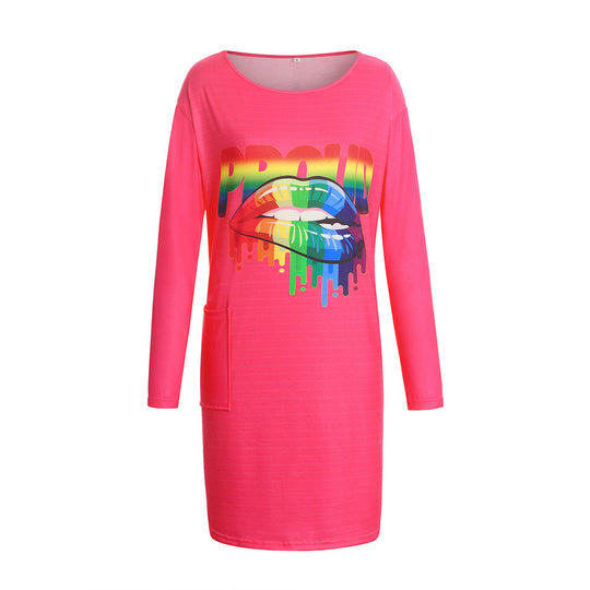 Damen Langarm-Kleid mit trendigem Grafiken-Design und praktischen Taschen EB