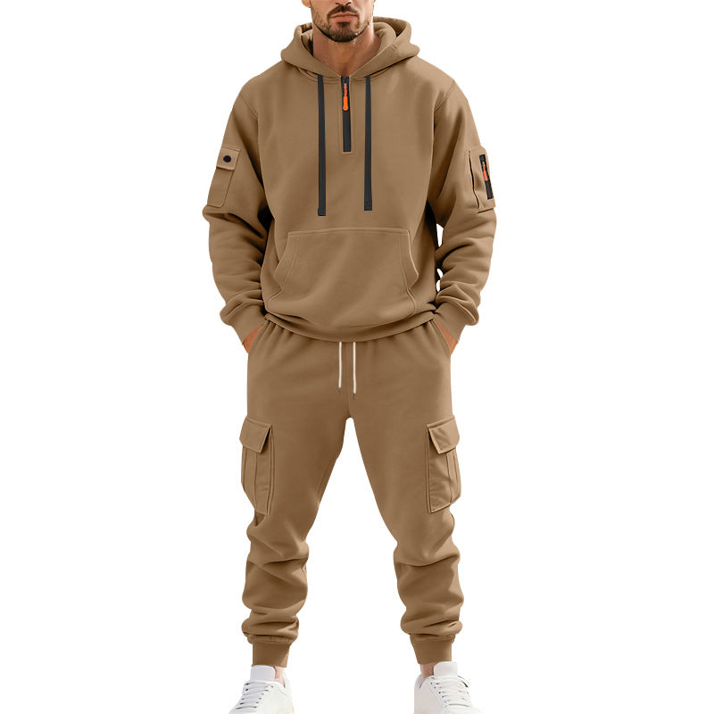 Herren nan zweiteiliges Utility-Freizeitset Hoodie mit halbhohem Reißverschluss, Ärmeltasche und Cargo-Jogginghose mit Klappentaschen EB