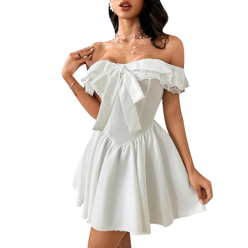 Damen Off-Shoulder Kleid mit verspieltem Schleifendetail EB