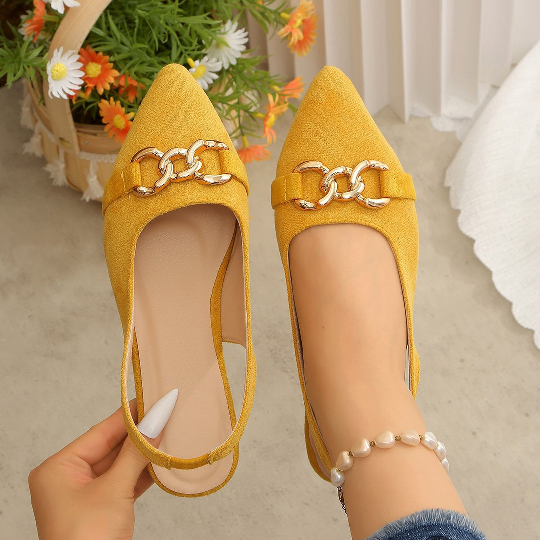 Damen Ballerinas mit Fersenriemen, spitzer Kappe und goldener Kettenverzierung EB