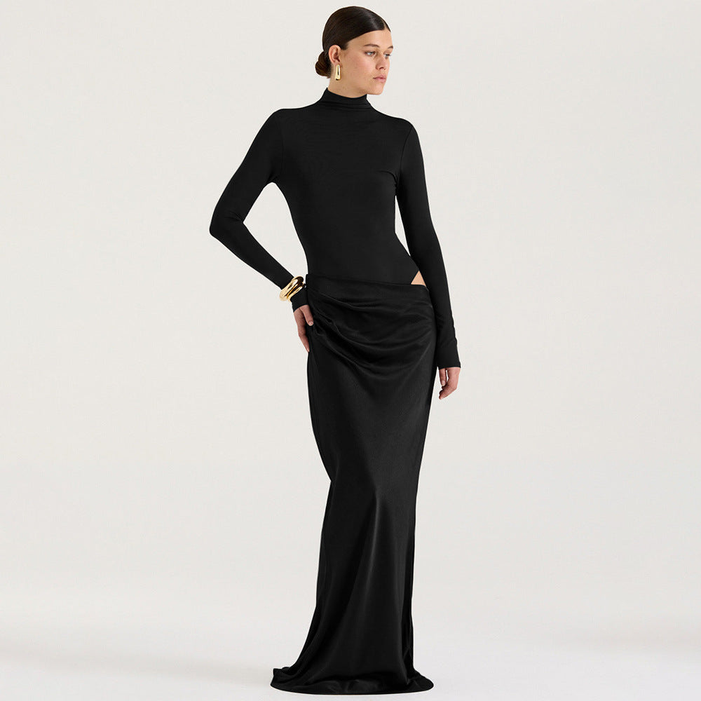Damen Elegantes langärmliges Maxikleid mit figurbetontem Schnitt und raffiniertem Drapierungsdetail EB