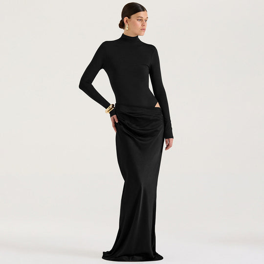 Damen Elegantes langärmliges Maxikleid mit figurbetontem Schnitt und raffiniertem Drapierungsdetail EB