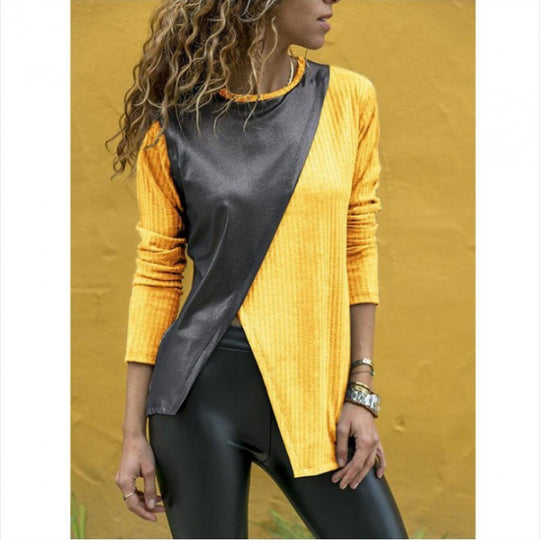 Damen Asymmetrisches Longsleeve mit Lederoptik‑Overlay und Rippstrick EB