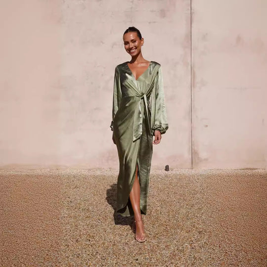Damen Satin Wickelkleid mit elegantem V-Ausschnitt und voluminösen Ärmeln EB
